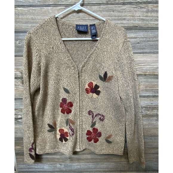 Crazy Horse Sweaters - Crazy Horse Liz Claiborne Fall Sweater Cardigan w/ Applique Flowers Zip Petite L